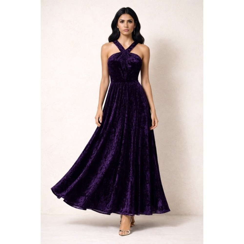 Kobi Halperin Maxi Dress Sz 6 Purple Crushed Velvet Pleated Whimsigoth Witchy